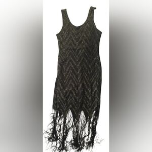 Chocolate Black and Gold Chevron Fringe Midi Dress